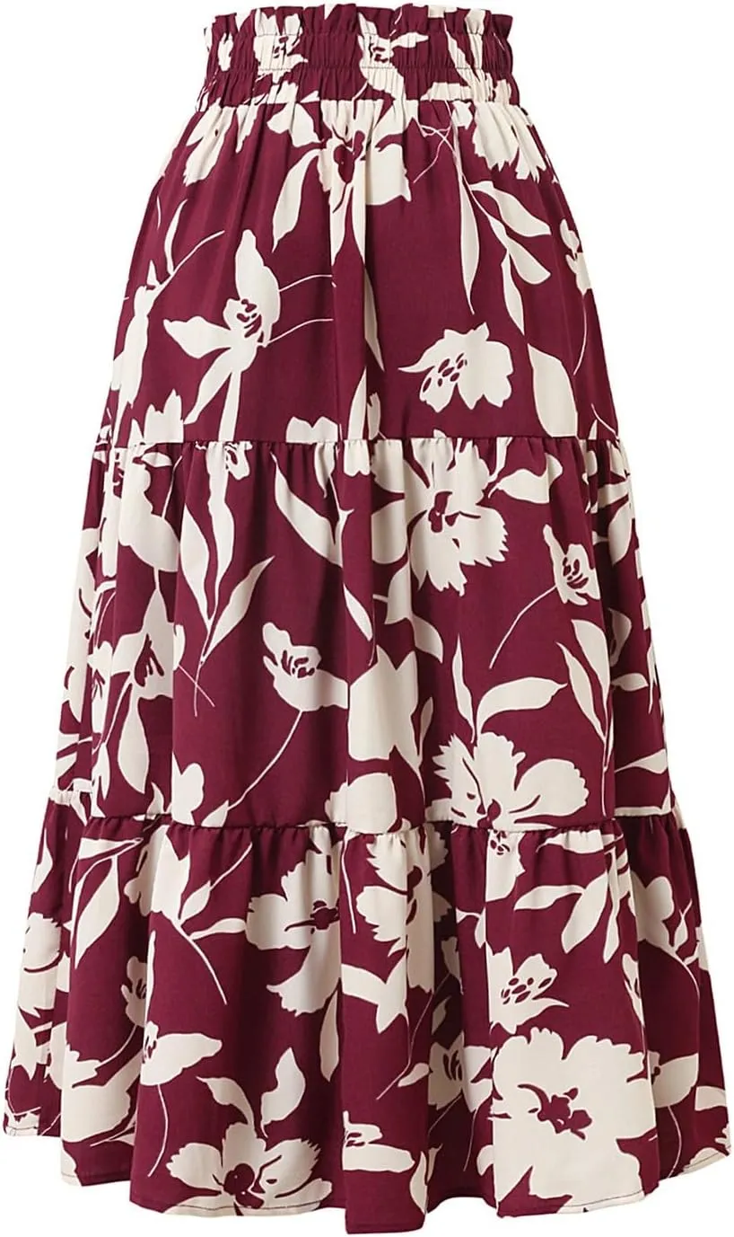 Womens Maxi Skirt Floral Boho Elastic High Waist Drawstring Pleated Beach Skirt A-Line Flowy Tiered Long Skirts