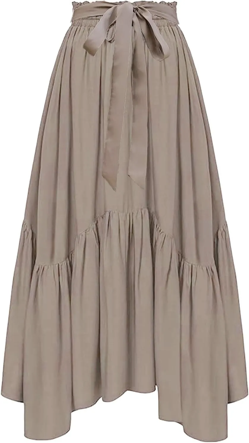 Women's Midi Skirt Elegant Ruffle Asymmetrical Belted High Waist Long Skirt Pleated A-line Flowy Party Skirts Khaki