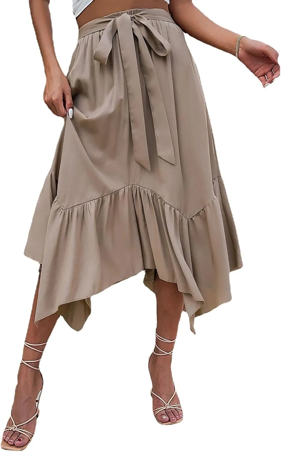 Women's Midi Skirt Elegant Ruffle Asymmetrical Belted High Waist Long Skirt Pleated A-line Flowy Party Skirts Khaki