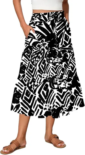 Women's Midi Skirts High Waist A-Line Tiered Flowy Swing Skirt Boho Floral Printed Cocktail Party Flared Skirts