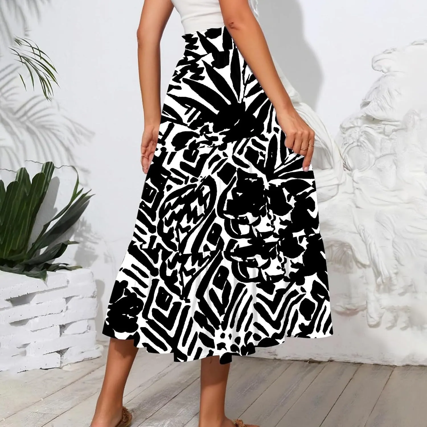 Women's Midi Skirts High Waist A-Line Tiered Flowy Swing Skirt Boho Floral Printed Cocktail Party Flared Skirts