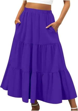 Womens Midi Skirts Summer Casual Flowy A-Line Elastic High Waist Tiered Ruffle Pleated Swing Boho Long Skirt Dress