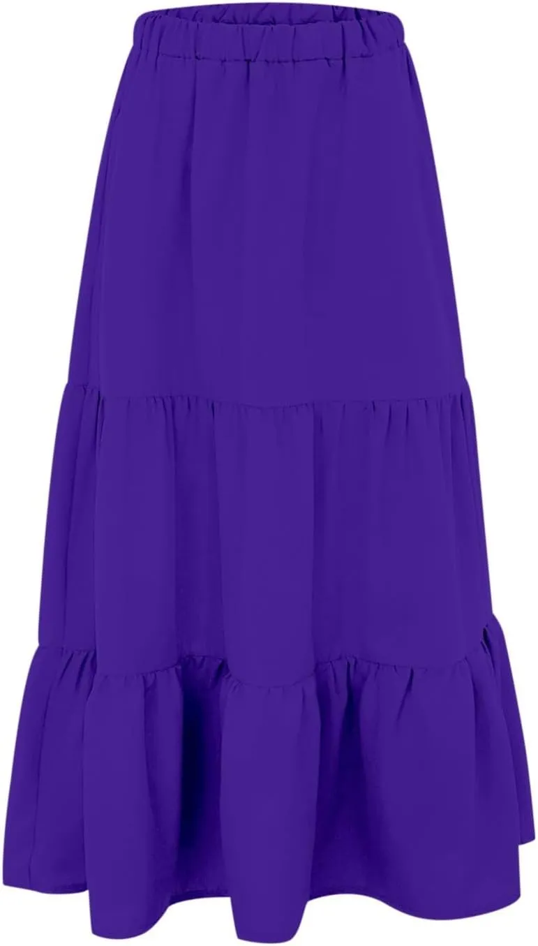 Womens Midi Skirts Summer Casual Flowy A-Line Elastic High Waist Tiered Ruffle Pleated Swing Boho Long Skirt Dress