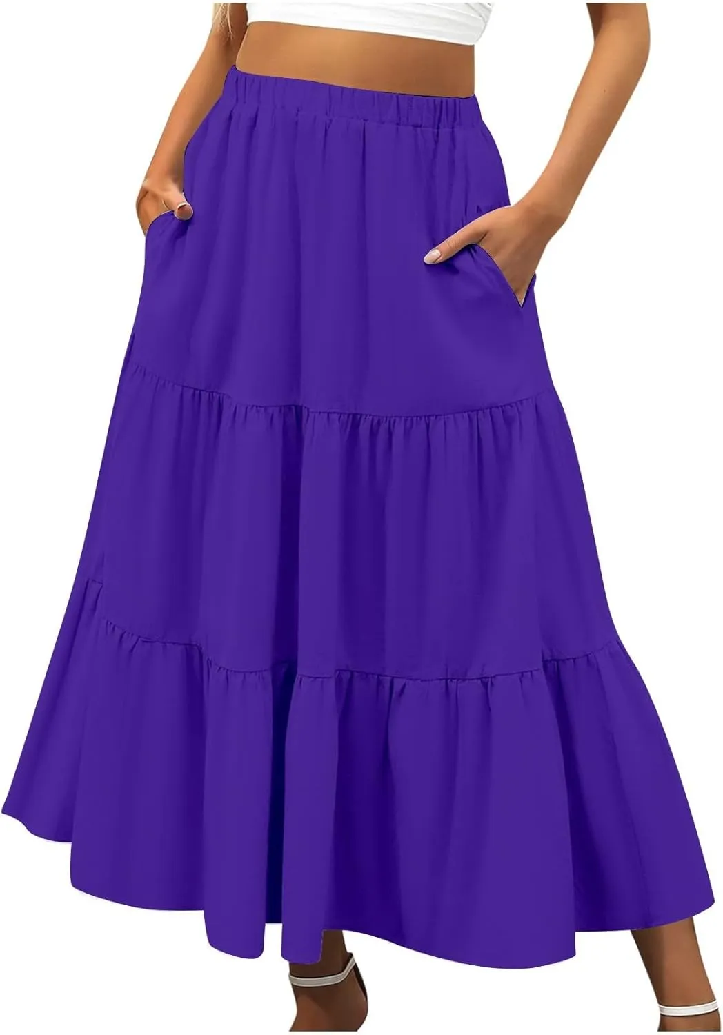 Womens Midi Skirts Summer Casual Flowy A-Line Elastic High Waist Tiered Ruffle Pleated Swing Boho Long Skirt Dress