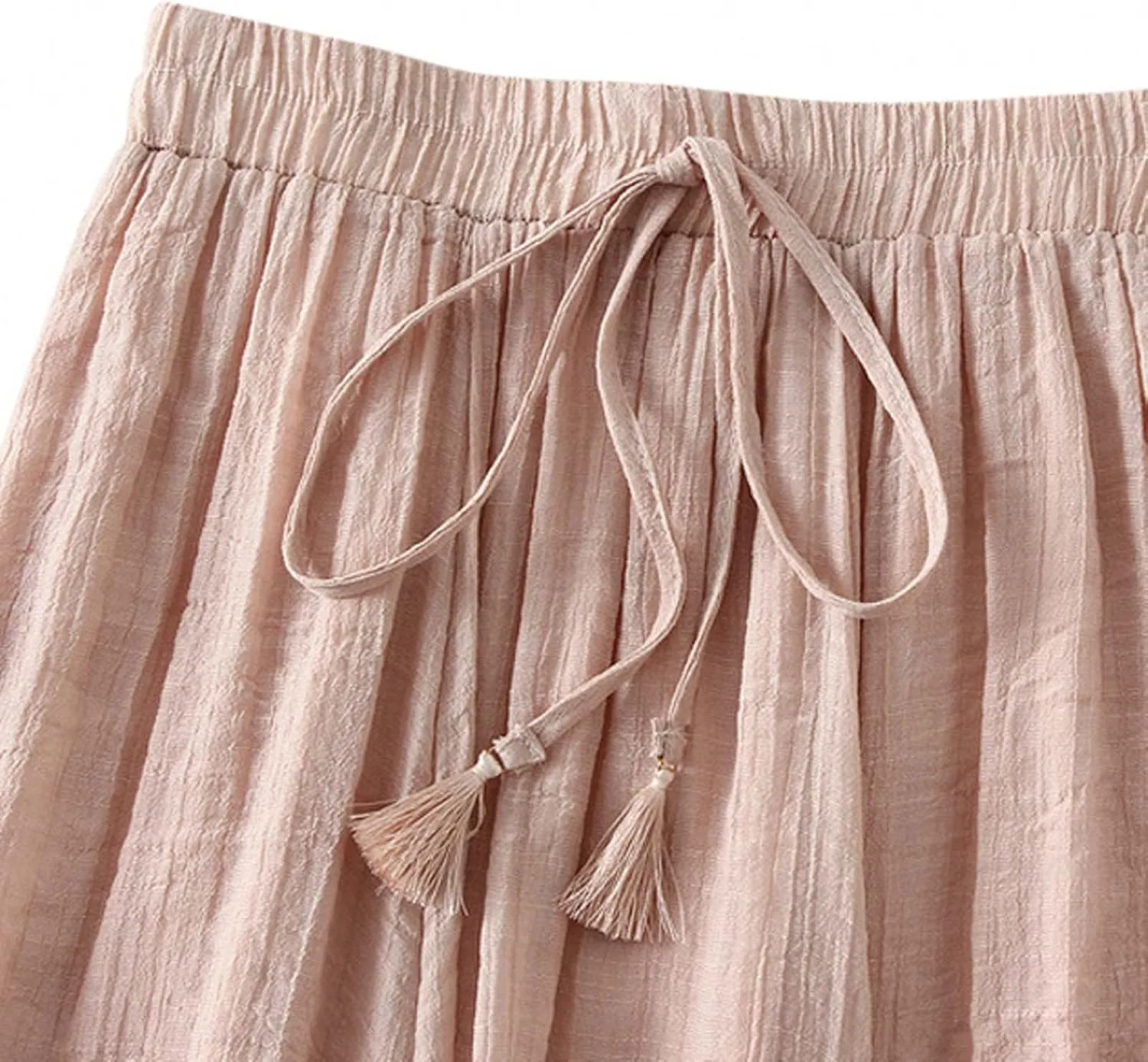 Womens Midi Tie Front Drawstring Skirt Solid Color Casual A-Line Skirts Loose Elastic Waist Pleated Fashion Skirt