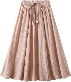 Womens Midi Tie Front Drawstring Skirt Solid Color Casual A-Line Skirts Loose Elastic Waist Pleated Fashion Skirt