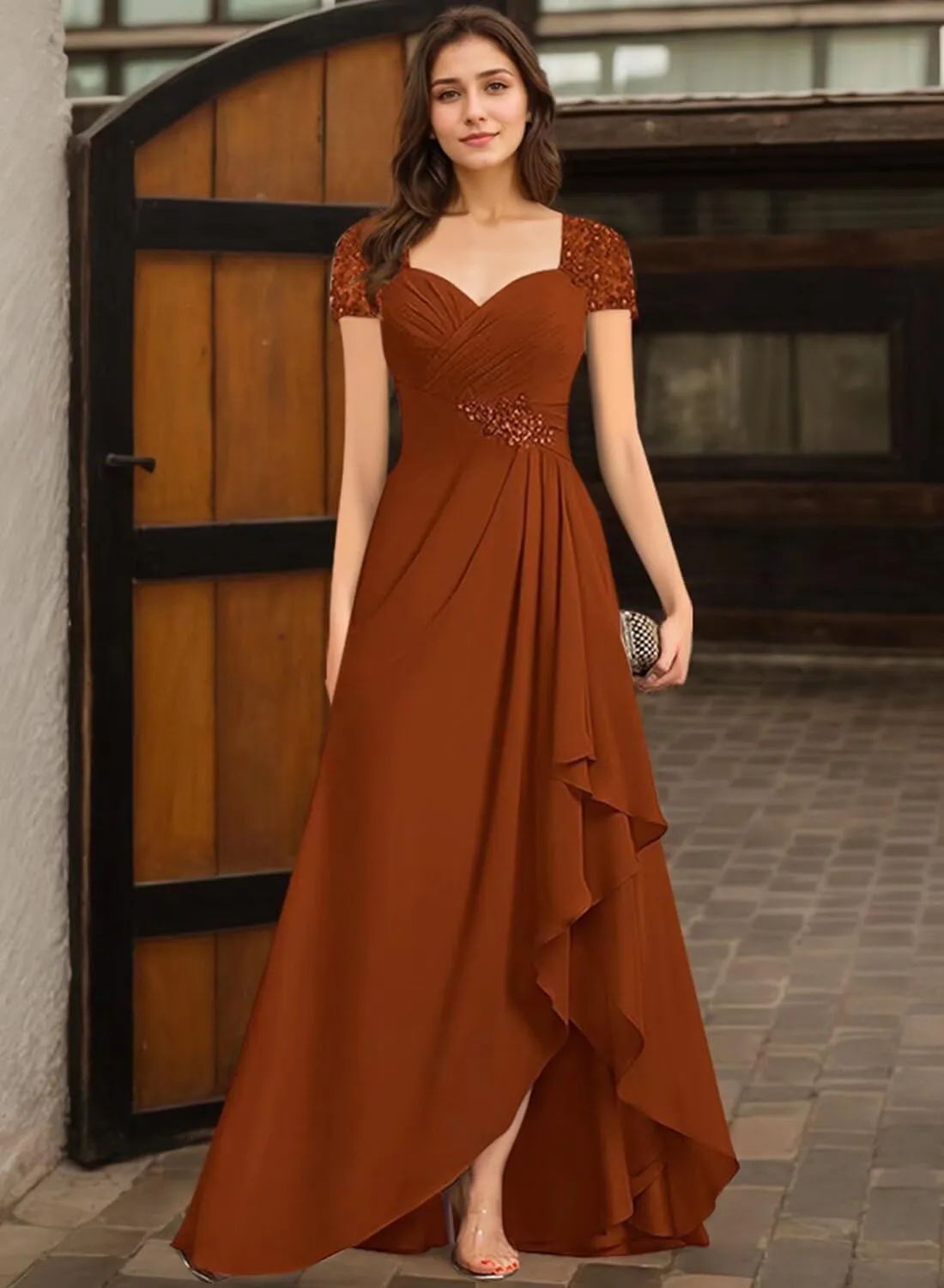 Women's Mother of The Bride Dresses for Wedding Chiffon Formal Evening Gowns High Low Ruched Prom Dress with Pleated