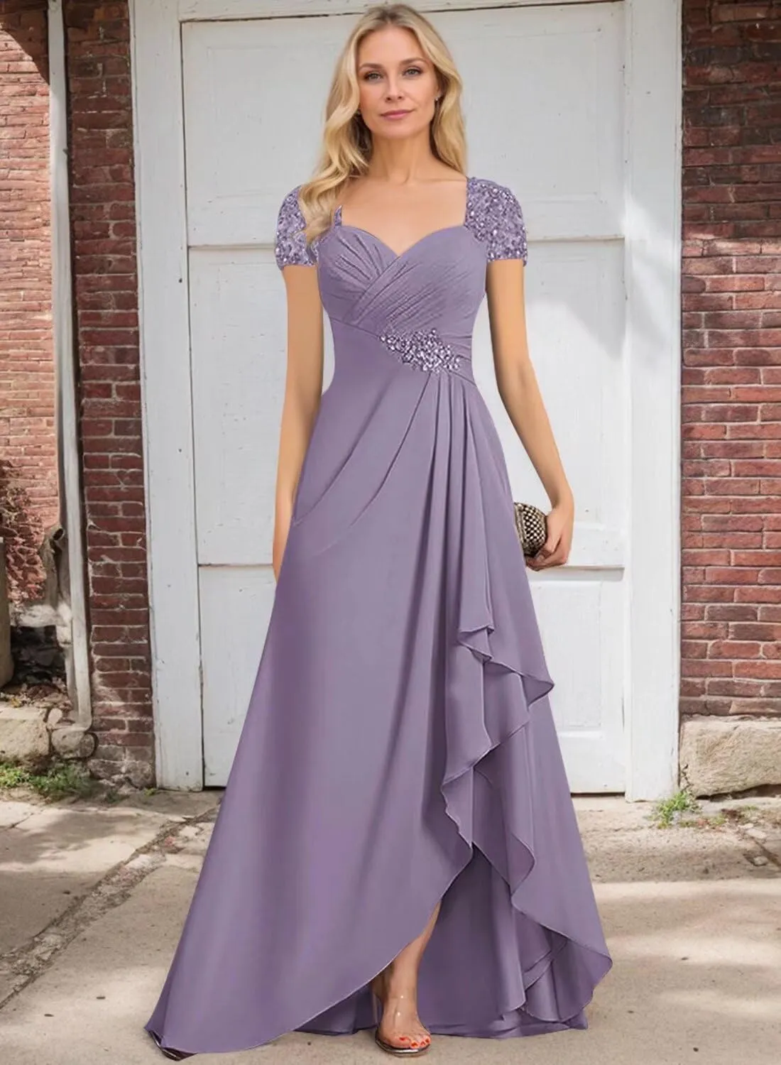 Women's Mother of The Bride Dresses for Wedding Chiffon Formal Evening Gowns High Low Ruched Prom Dress with Pleated