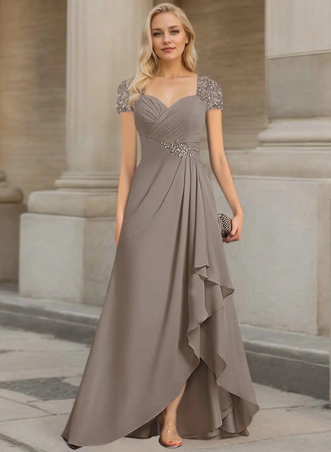 Women's Mother of The Bride Dresses for Wedding Chiffon Formal Evening Gowns High Low Ruched Prom Dress with Pleated