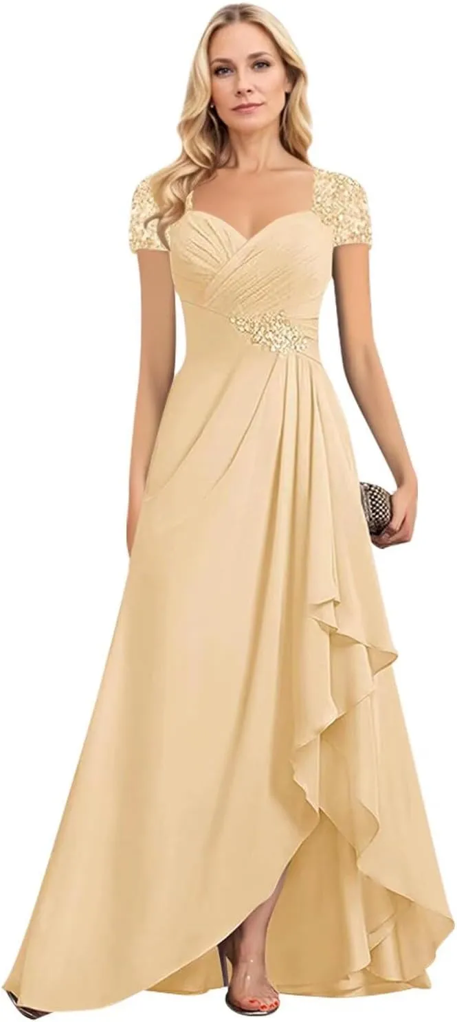 Women's Mother of The Bride Dresses for Wedding Chiffon Formal Evening Gowns High Low Ruched Prom Dress with Pleated