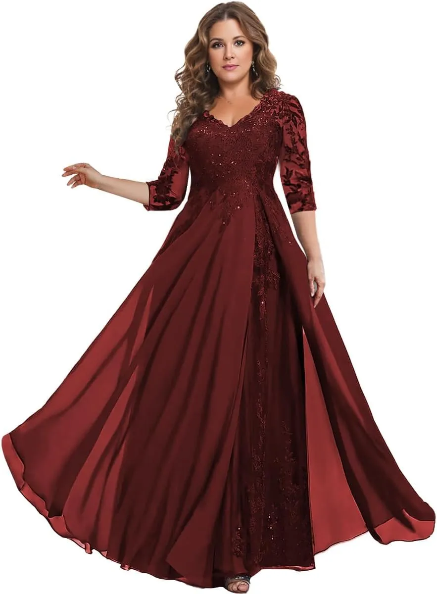 Women's Mother of The Bride Dresses for Wedding Lace Appliques Chiffon Formal Evening Dress with 3/4 Sleeves
