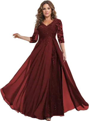 Women's Mother of The Bride Dresses for Wedding Lace Appliques Chiffon Formal Evening Dress with 3/4 Sleeves