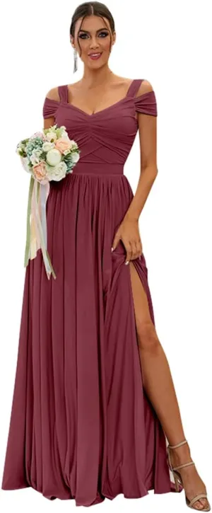 Women's Off The Shoulder Bridesmaid Dresses with Slit Long Chiffon Pleated A-Line Formal Evening Party Gowns
