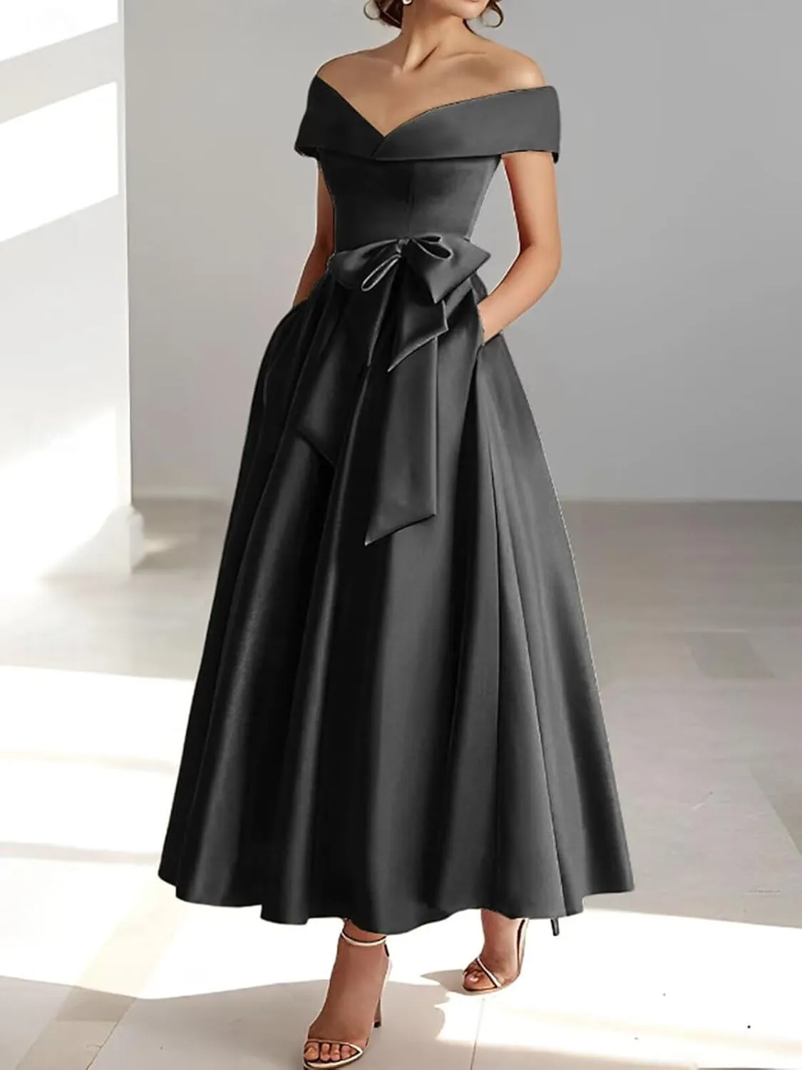 Women's Off The Shoulder Satin Mother of The Bride Dress with Bow Tea Length Formal Gowns Evening Dresses