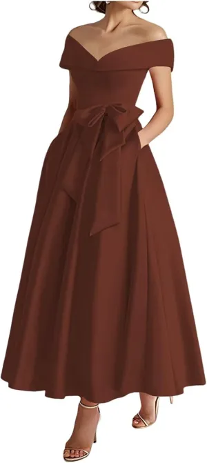 Women's Off The Shoulder Satin Mother of The Bride Dress with Bow Tea Length Formal Gowns Evening Dresses