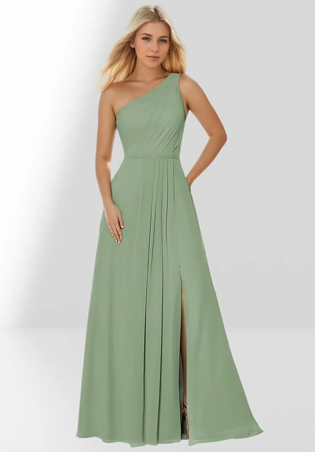 Women's One Shoulder Bridesmaid Dresses with Slit Long Chiffon Pleated Formal Dress Evening Gown