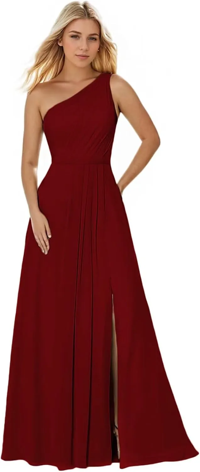 Women's One Shoulder Bridesmaid Dresses with Slit Long Chiffon Pleated Formal Dress Evening Gown