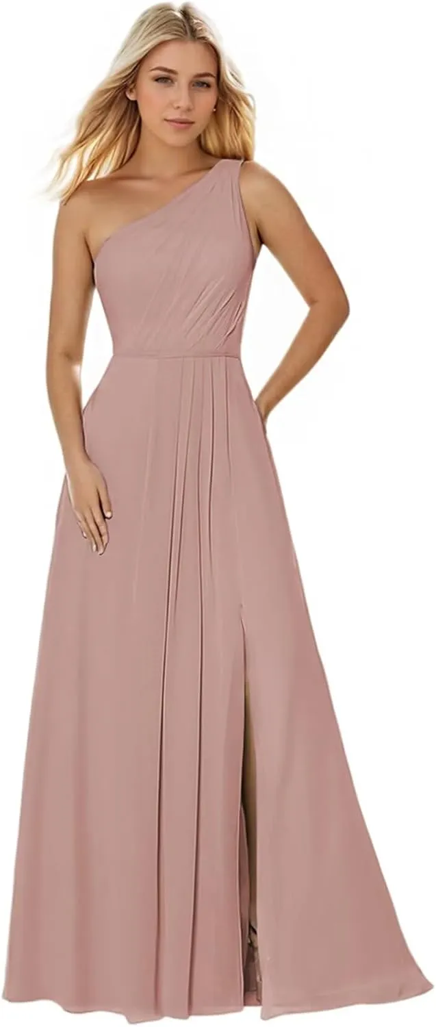 Women's One Shoulder Bridesmaid Dresses with Slit Long Chiffon Pleated Formal Dress Evening Gown