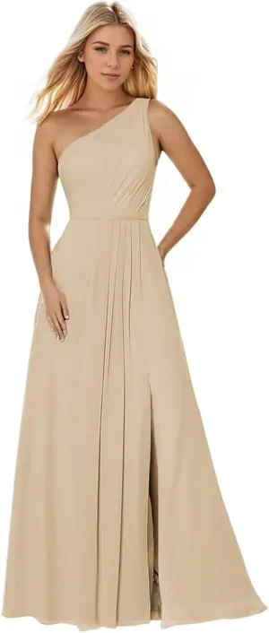 Women's One Shoulder Bridesmaid Dresses with Slit Long Chiffon Pleated Formal Dress Evening Gown
