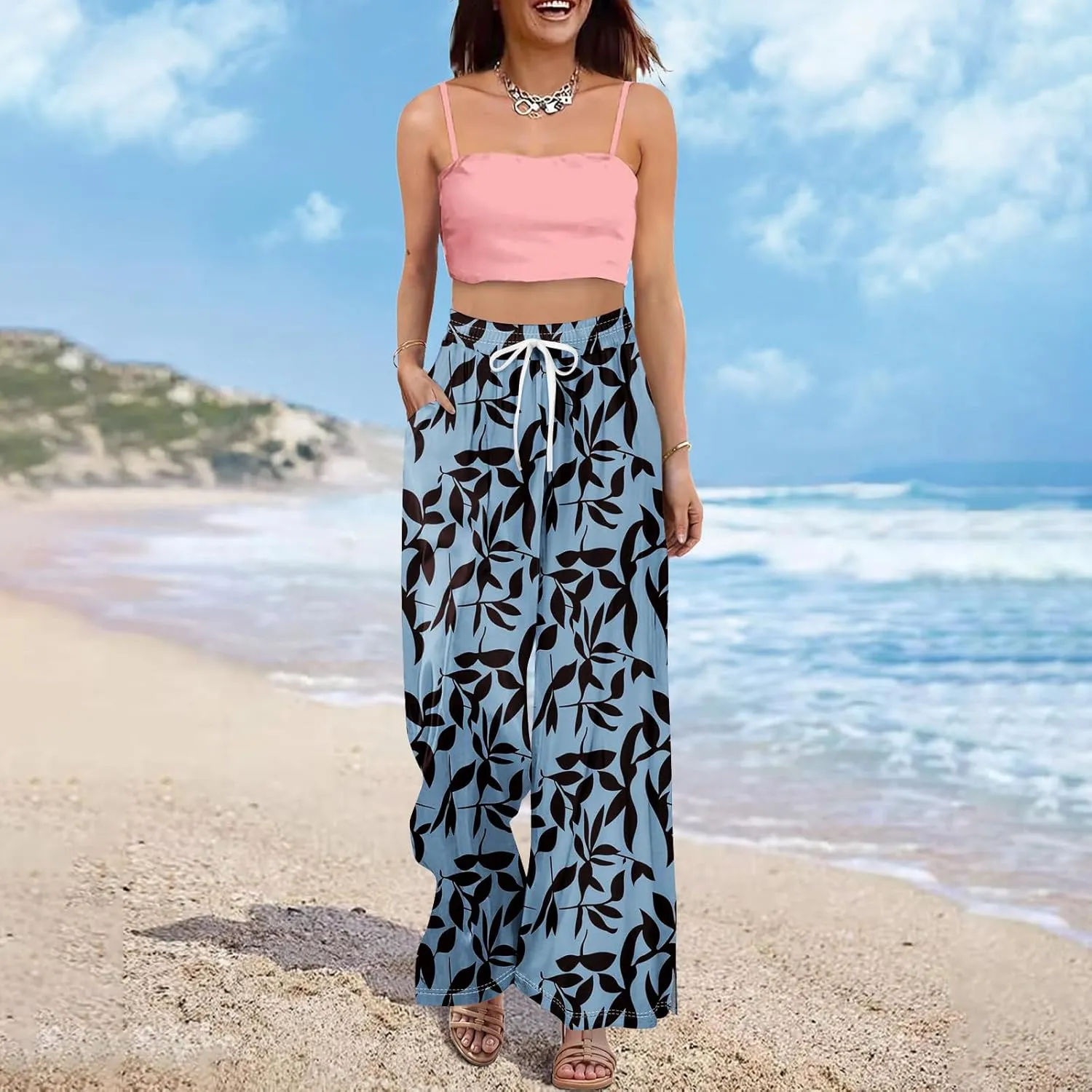 Womens Pants Casual Trendy Wide Leg High Waisted Linen Pants Drawstring Palazzo Lounge Pant Summer Beach Trousers