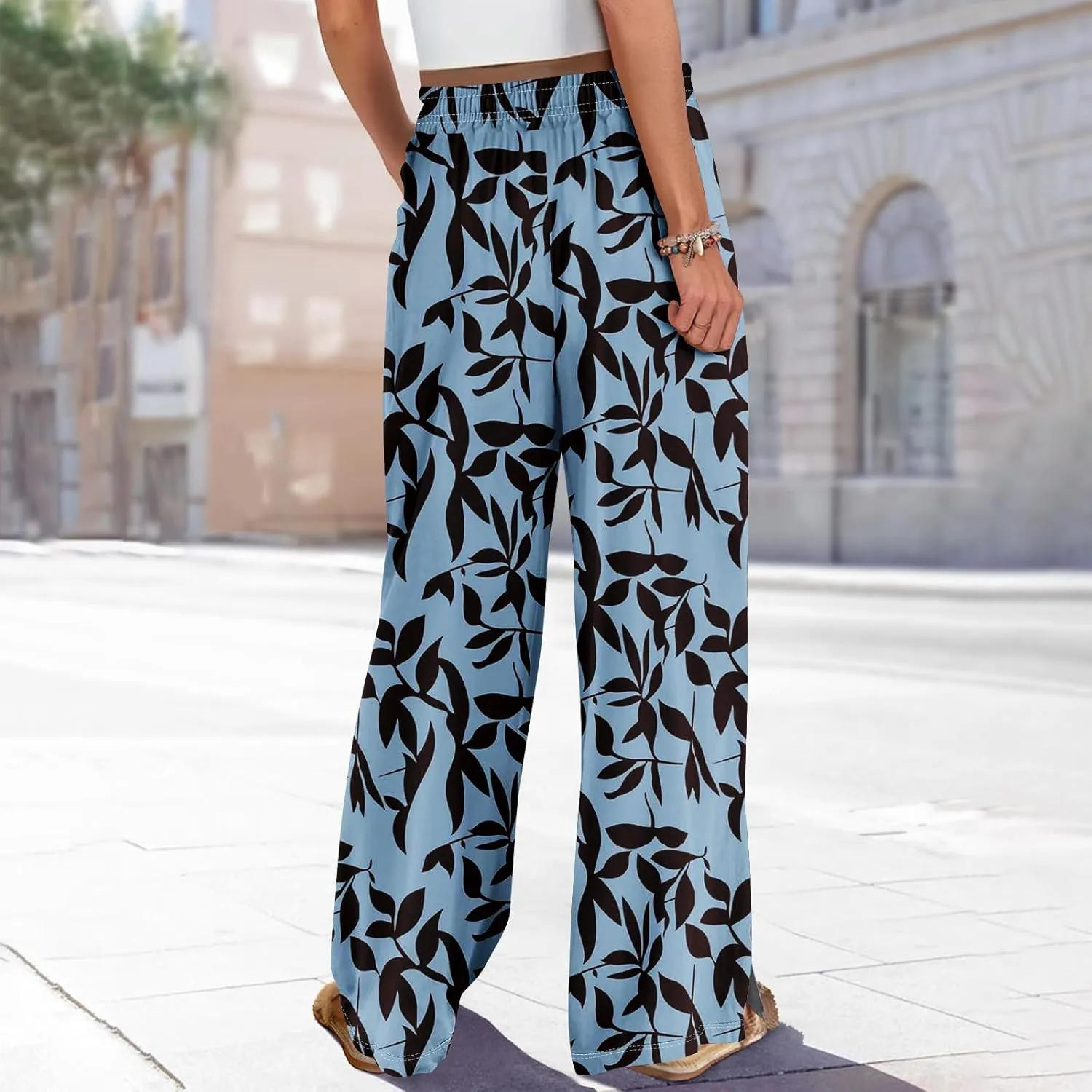 Womens Pants Casual Trendy Wide Leg High Waisted Linen Pants Drawstring Palazzo Lounge Pant Summer Beach Trousers
