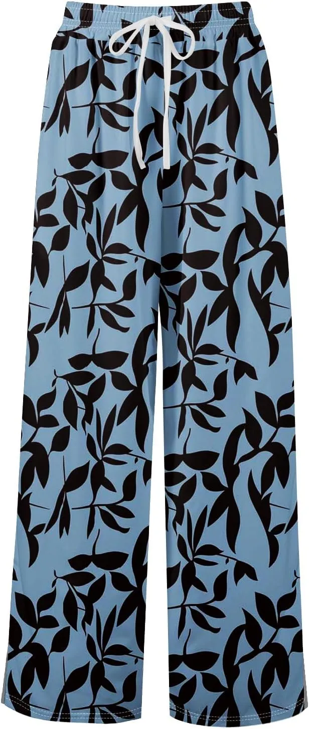 Womens Pants Casual Trendy Wide Leg High Waisted Linen Pants Drawstring Palazzo Lounge Pant Summer Beach Trousers