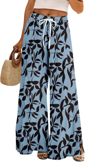 Womens Pants Casual Trendy Wide Leg High Waisted Linen Pants Drawstring Palazzo Lounge Pant Summer Beach Trousers