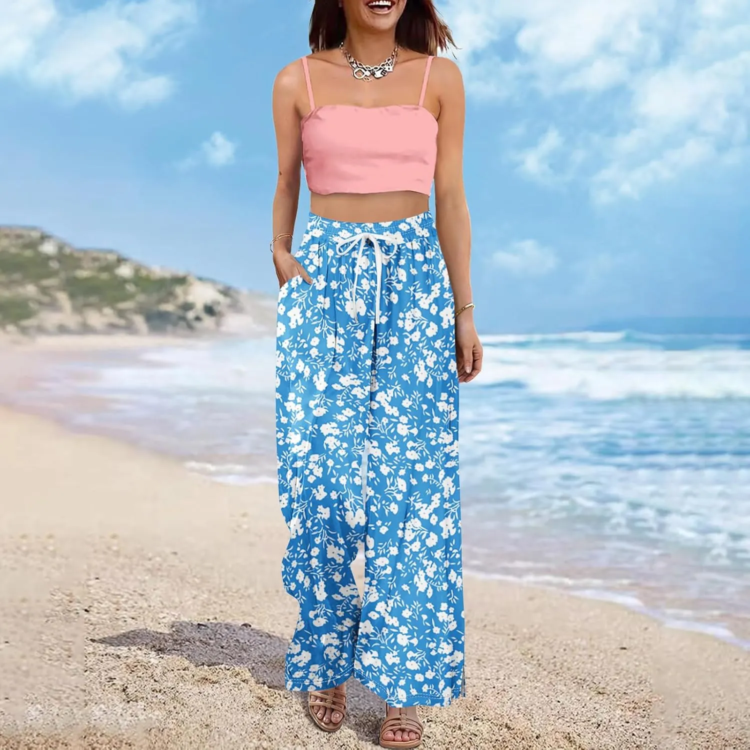 Womens Pants Casual Trendy Wide Leg High Waisted Linen Pants Drawstring Palazzo Lounge Pant Summer Beach Trousers