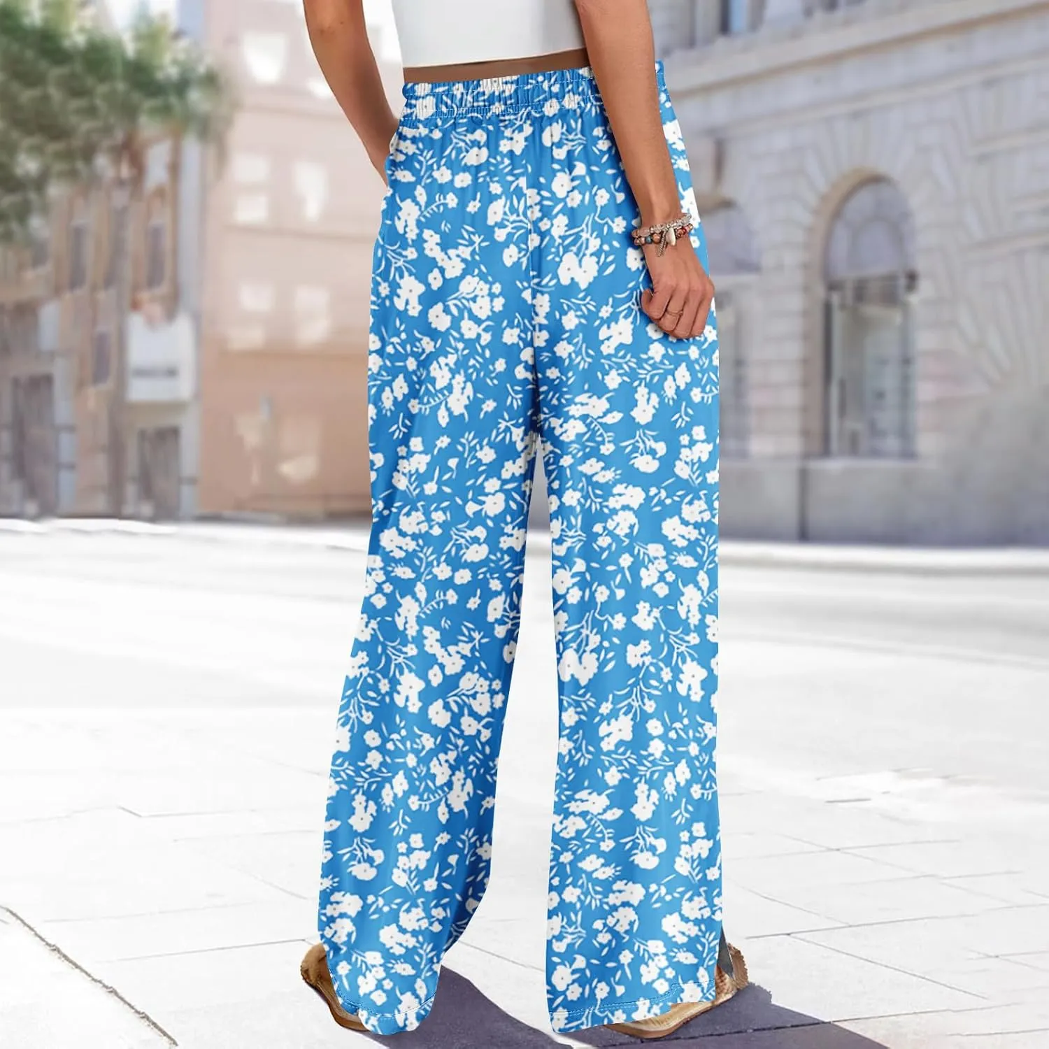 Womens Pants Casual Trendy Wide Leg High Waisted Linen Pants Drawstring Palazzo Lounge Pant Summer Beach Trousers