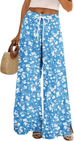 Womens Pants Casual Trendy Wide Leg High Waisted Linen Pants Drawstring Palazzo Lounge Pant Summer Beach Trousers
