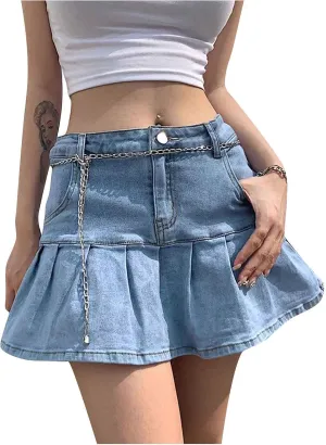 Womens Pleated Jean Skirt A-Line High Waisted Women Denim Mini Skirt Jean Skirts Skorts for Women with Pockets