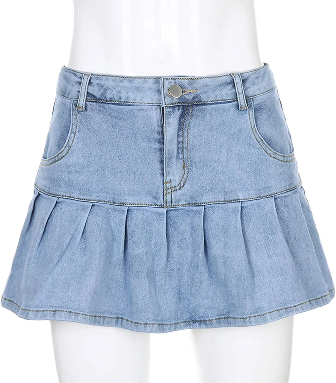 Womens Pleated Jean Skirt A-Line High Waisted Women Denim Mini Skirt Jean Skirts Skorts for Women with Pockets