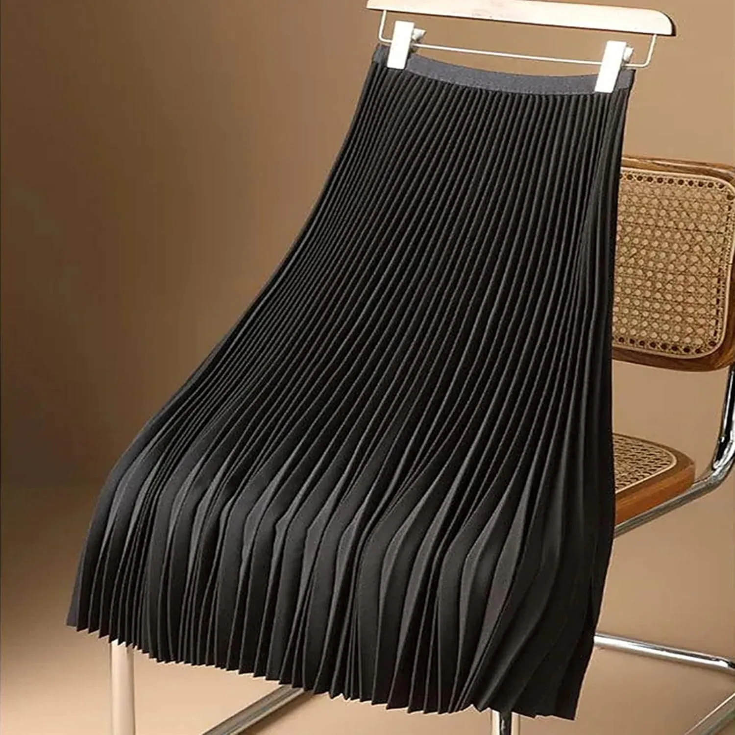 Womens Pleated Midi Skirts Elastic High Waist A-Line Ankle Length Skirt Ladies Elegant Evening Party Skirts