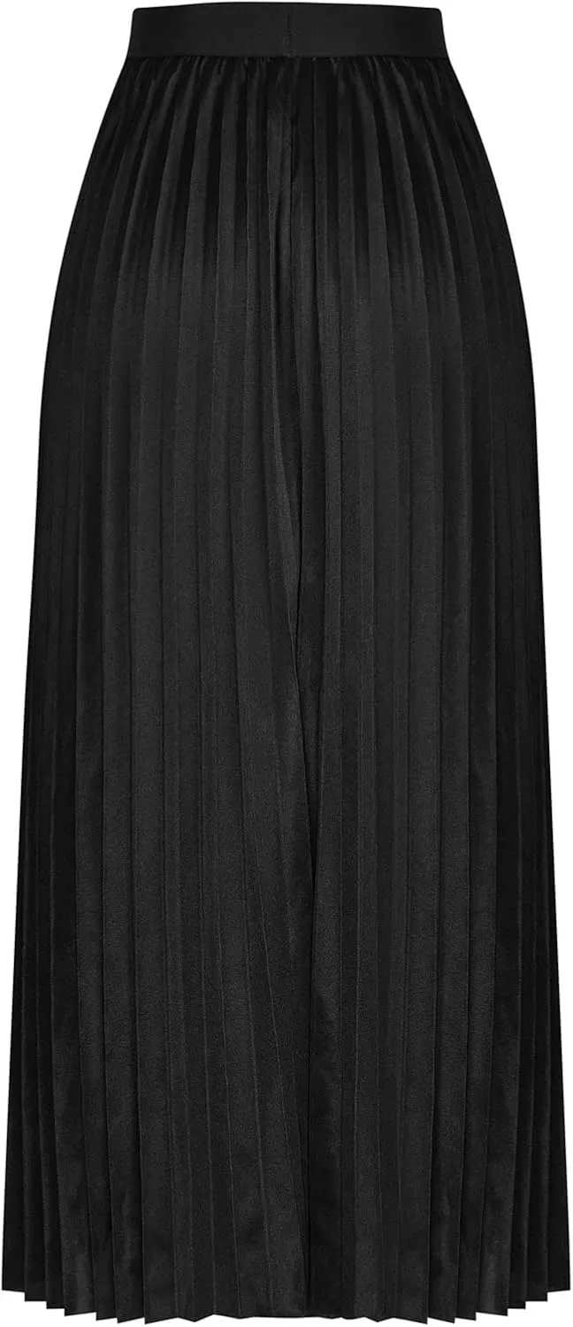 Womens Pleated Midi Skirts Elastic High Waist A-Line Ankle Length Skirt Ladies Elegant Evening Party Skirts