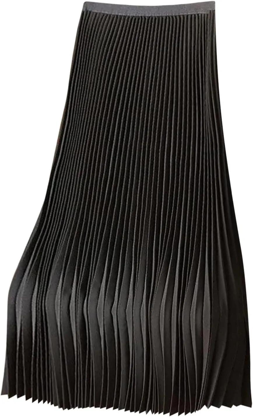 Womens Pleated Midi Skirts Elastic High Waist A-Line Ankle Length Skirt Ladies Elegant Evening Party Skirts