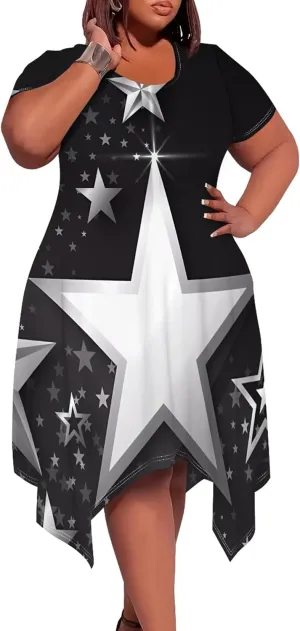 Womens Plus Size Irregular Hem Summer Dress Casual Fit Short Sleeve Empire Waist Loose T-Shirt A Line Midi Dress with Pockets