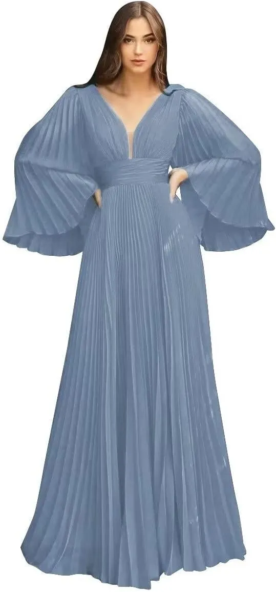 Women's Prom Dresses Chiffon Long Sleeve Pleated Ball Gown A Line V Neck Formal Evening Gown QM963