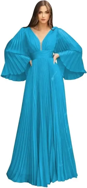 Women's Prom Dresses Chiffon Long Sleeve Pleated Ball Gown A Line V Neck Formal Evening Gown QM963