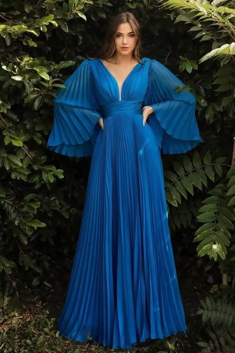Women's Prom Dresses Chiffon Long Sleeve Pleated Ball Gown A Line V Neck Formal Evening Gown QM963