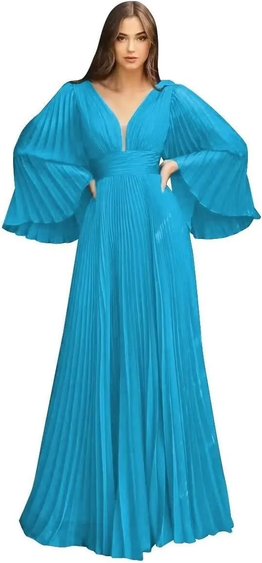 Women's Prom Dresses Chiffon Long Sleeve Pleated Ball Gown A Line V Neck Formal Evening Gown QM963