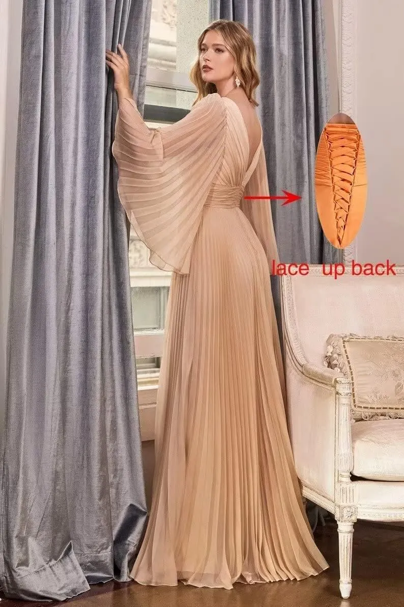 Women's Prom Dresses Chiffon Long Sleeve Pleated Ball Gown A Line V Neck Formal Evening Gown QM963