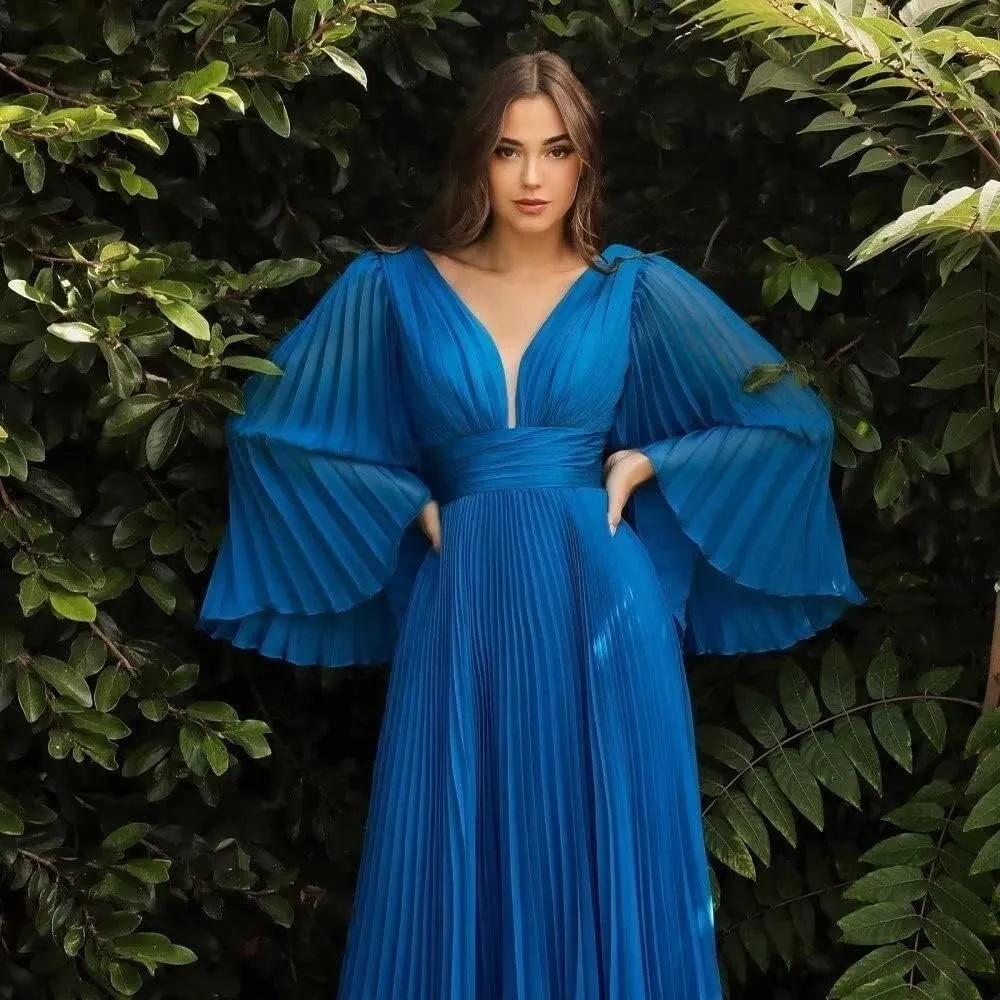 Women's Prom Dresses Chiffon Long Sleeve Pleated Ball Gown A Line V Neck Formal Evening Gown QM963
