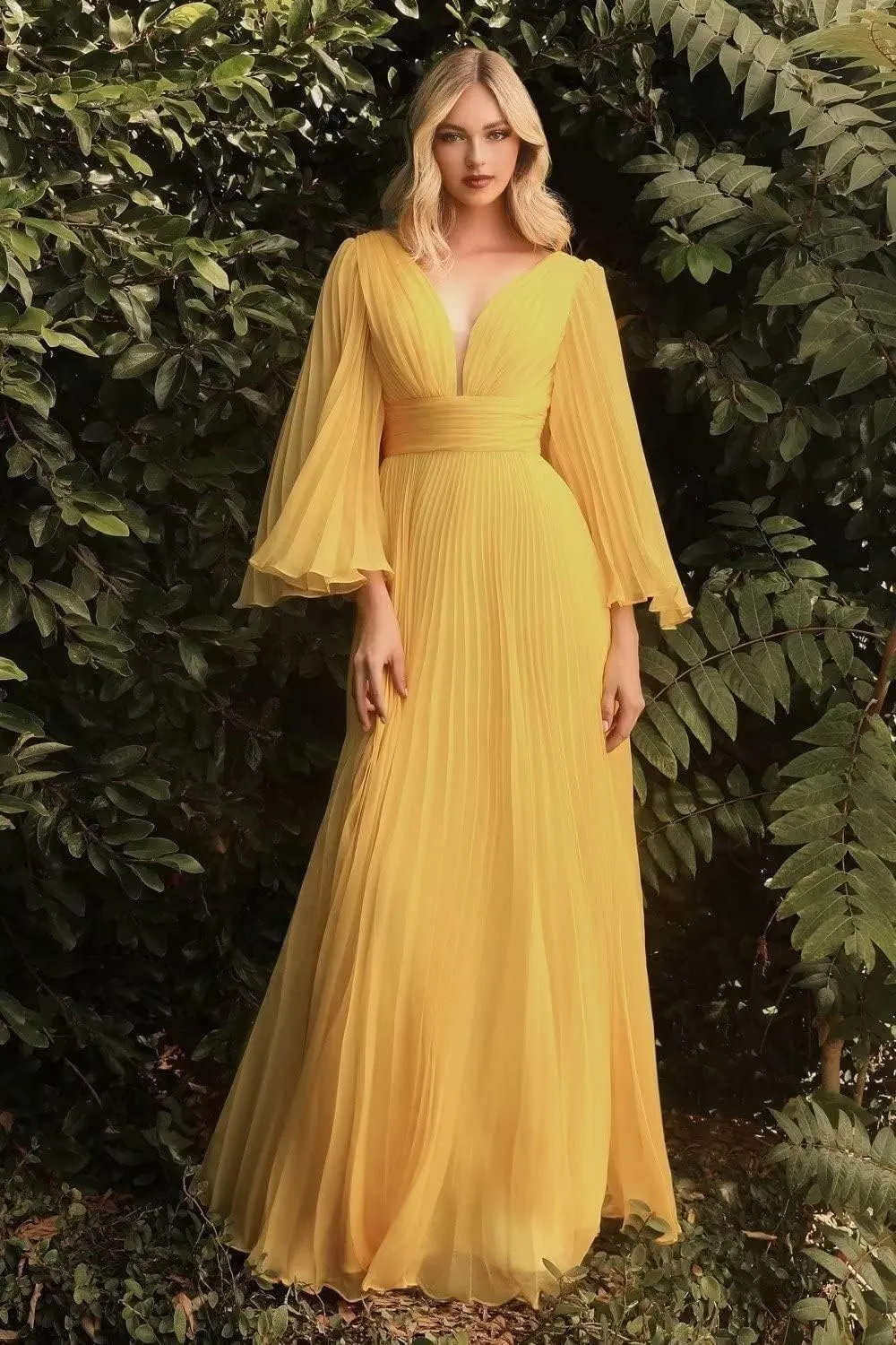 Women's Prom Dresses Chiffon Long Sleeve Pleated Ball Gown A Line V Neck Formal Evening Gown QM963