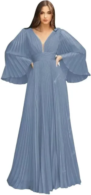 Women's Prom Dresses Chiffon Long Sleeve Pleated Ball Gown A Line V Neck Formal Evening Gown QM963