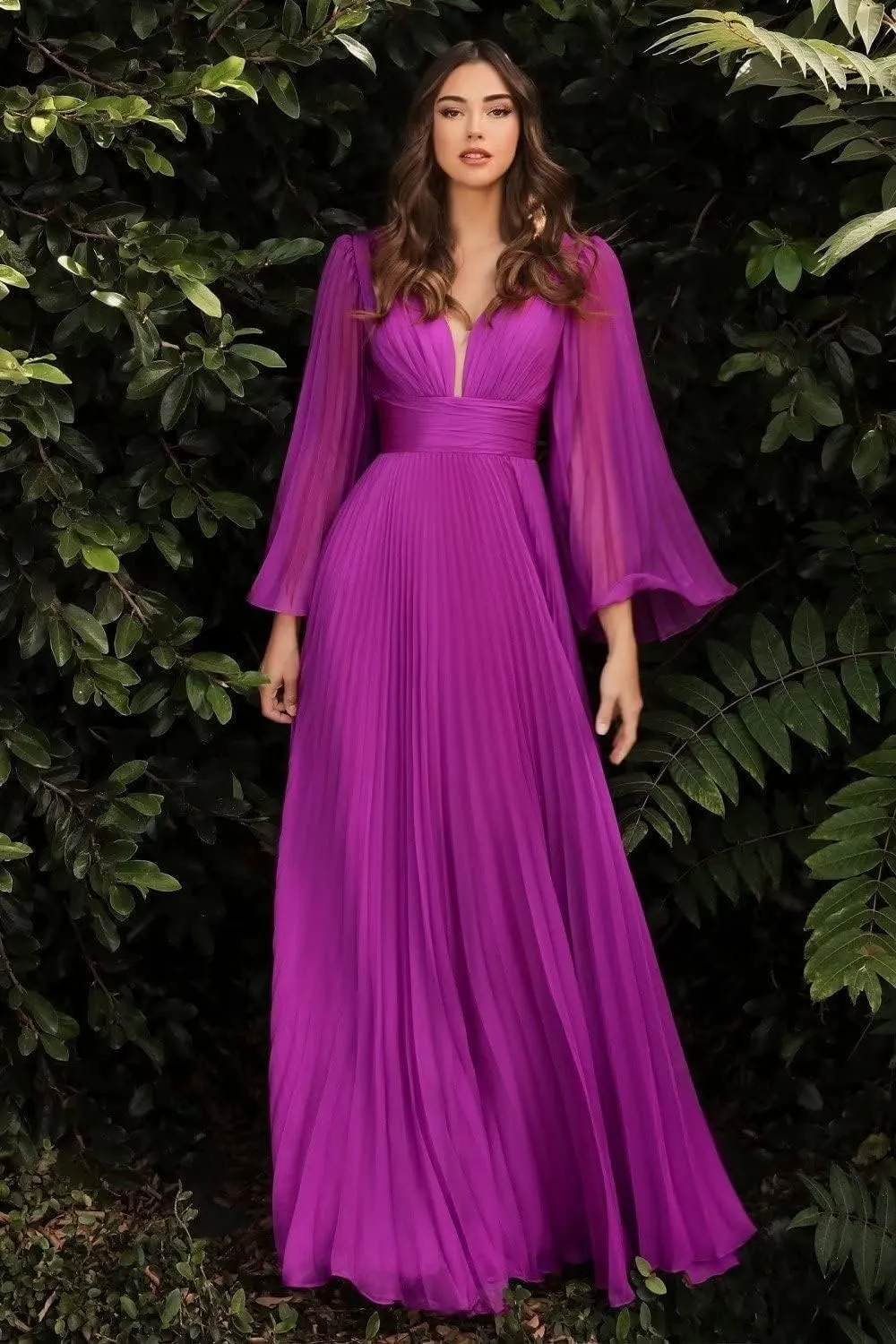 Women's Prom Dresses Chiffon Long Sleeve Pleated Ball Gown A Line V Neck Formal Evening Gown QM963