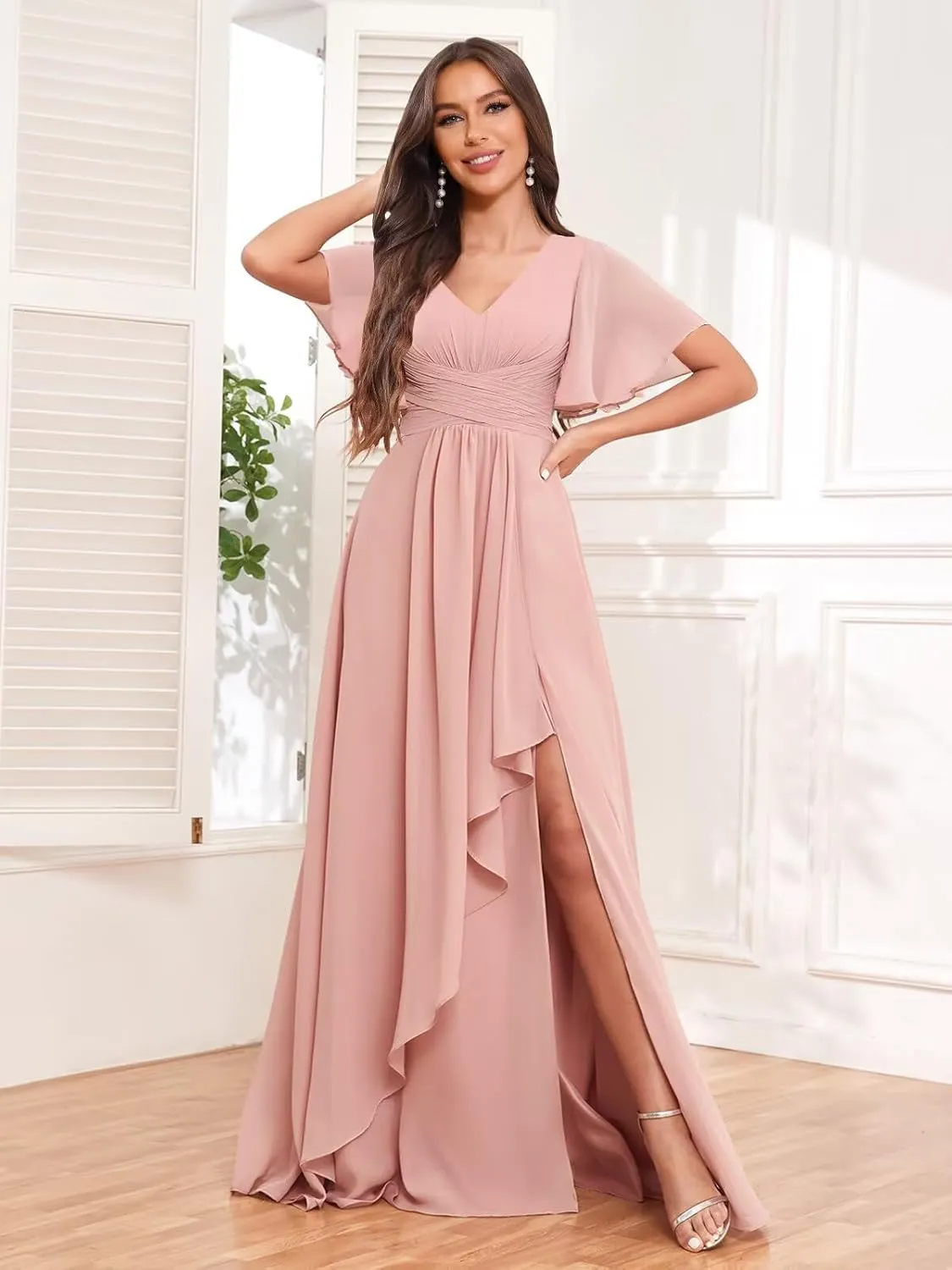 Women's Ruffle Sleeve Bridesmaid Dresses with Slit V Neck Chiffon Ruched Formal Wedding Guest Party Dresses