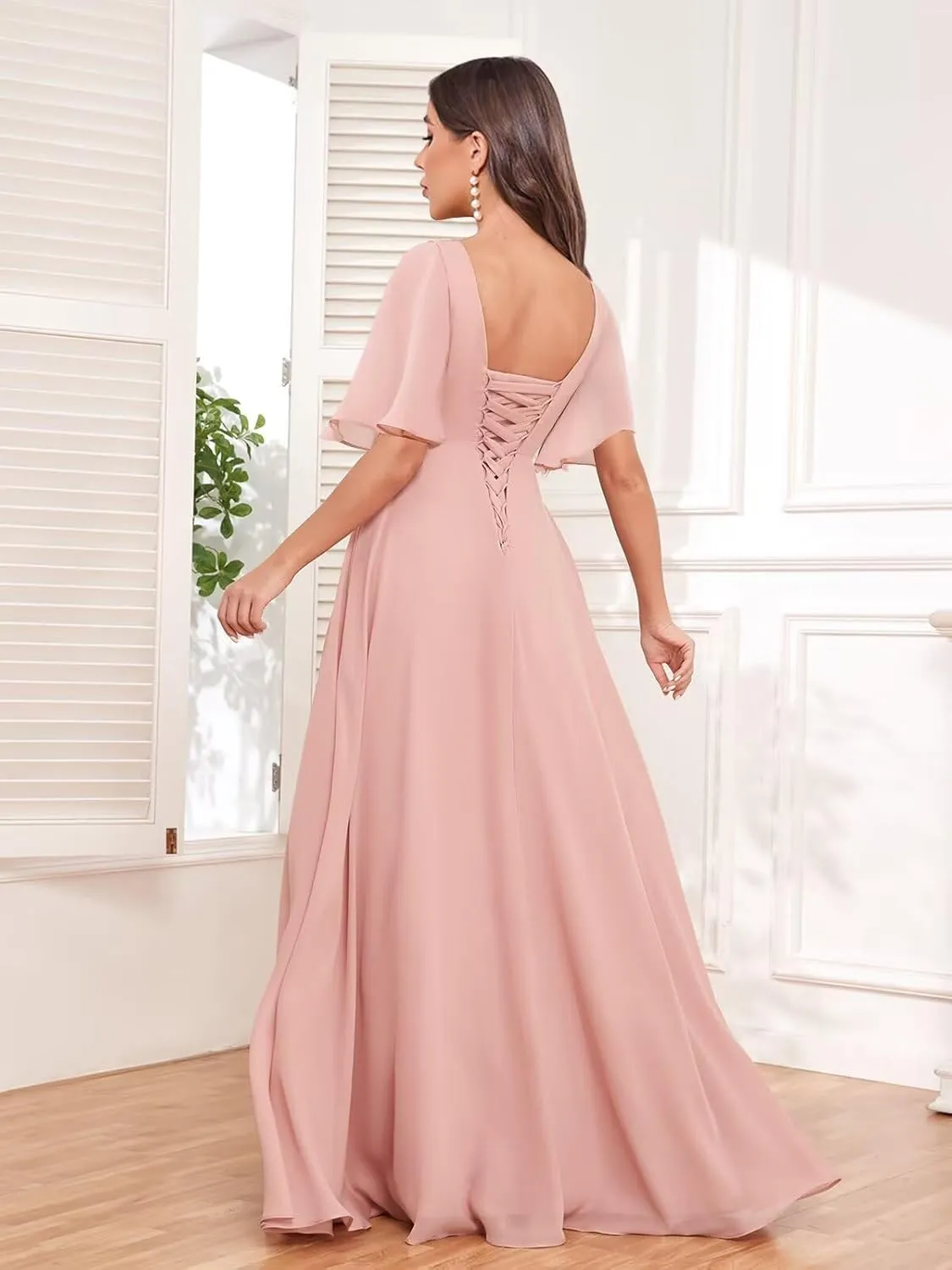 Women's Ruffle Sleeve Bridesmaid Dresses with Slit V Neck Chiffon Ruched Formal Wedding Guest Party Dresses