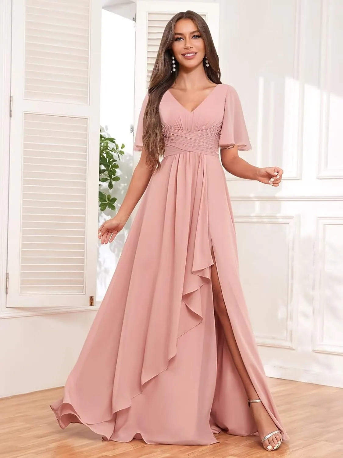 Women's Ruffle Sleeve Bridesmaid Dresses with Slit V Neck Chiffon Ruched Formal Wedding Guest Party Dresses