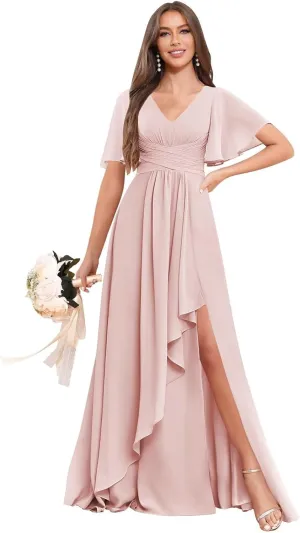 Women's Ruffle Sleeve Bridesmaid Dresses with Slit V Neck Chiffon Ruched Formal Wedding Guest Party Dresses