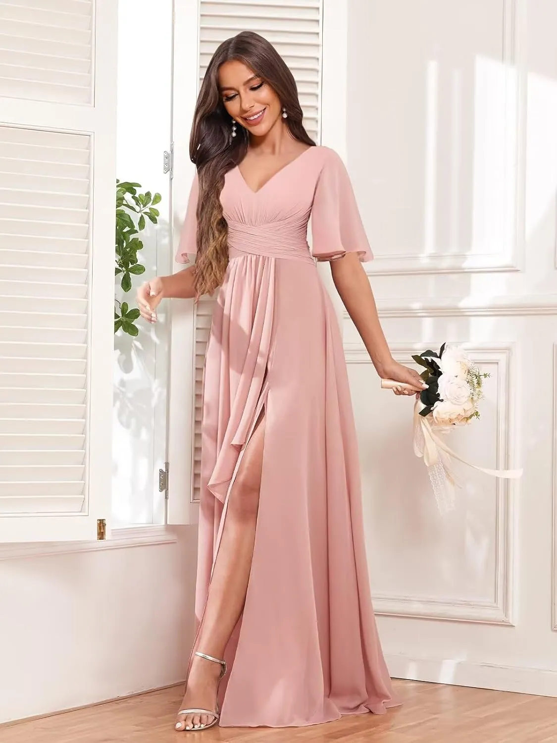Women's Ruffle Sleeve Bridesmaid Dresses with Slit V Neck Chiffon Ruched Formal Wedding Guest Party Dresses